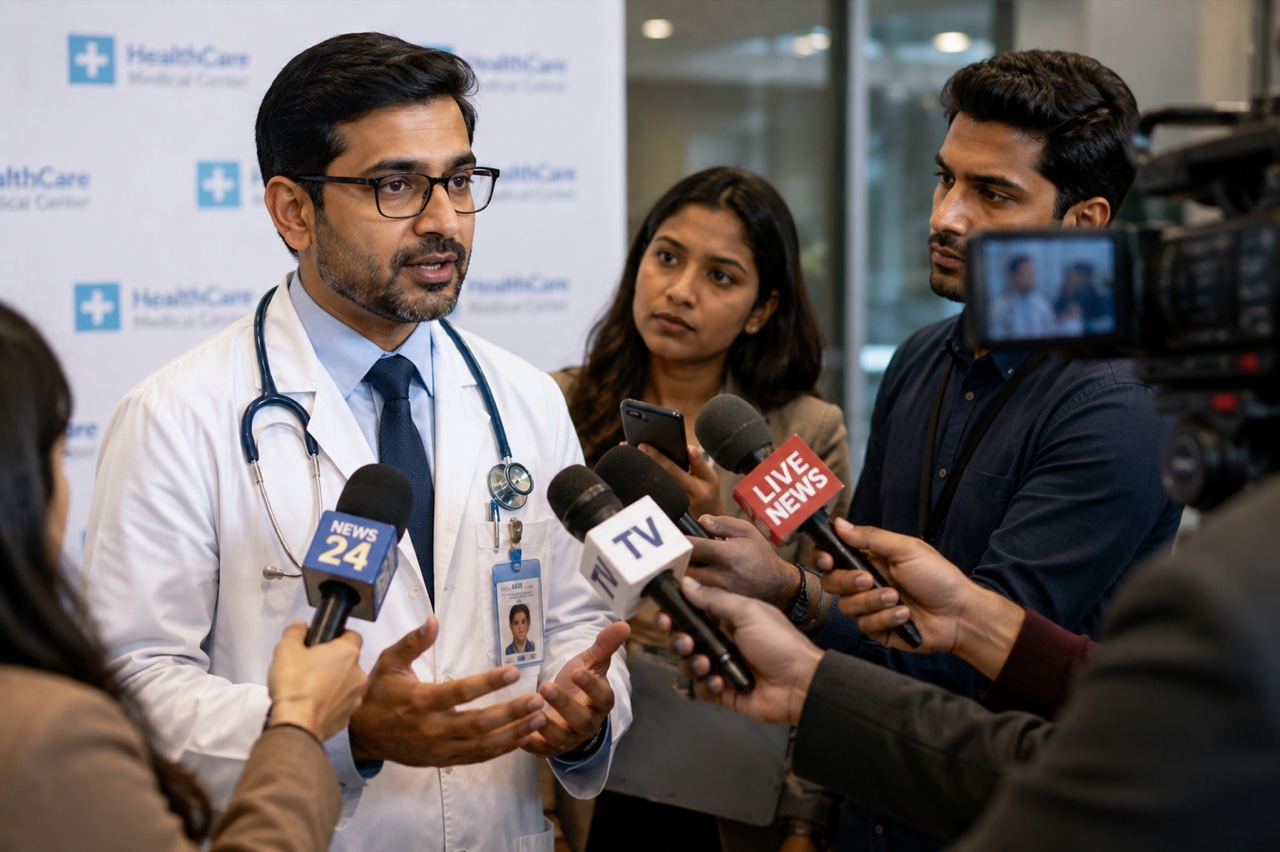 Doctor speaking to journalists during a healthcare media interview